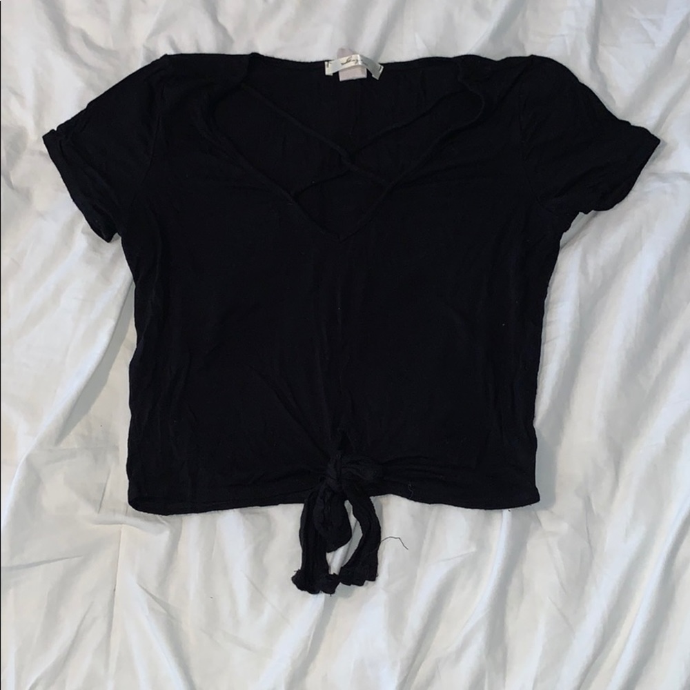 Black Short-Sleeve Shirt, Criss-Crossed at top